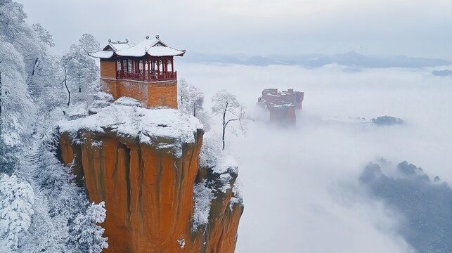 Aerial winter snow cloud sea danxia peaks at Qiyun Mountain Anhui 4A