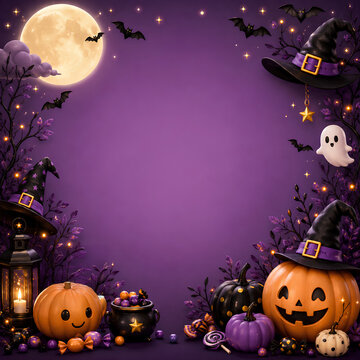 halloween background with pumpkin and bats, Purple Halloween Party Background with Witch Hats, Pumpkins, Candy and Full Moon