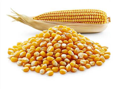 Heap of dried corn kernels and a single cob with husk, ready for harvesting or processing