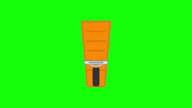 Animation icon of a flat vector carrot being peeled with a manual vegetable peeler tool, orange vegetable with yellow peel strip on a bright green chroma key background asset.