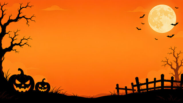 halloween background with pumpkins, Orange Halloween Illustration Banner with Pumpkins, Bats and Full Moon