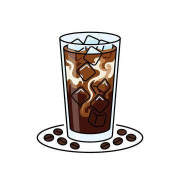 Refreshing iced coffee with cream and ice cubes.