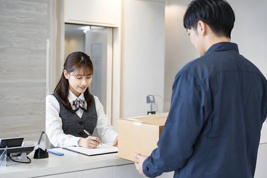 受付で荷物を受け取る社員