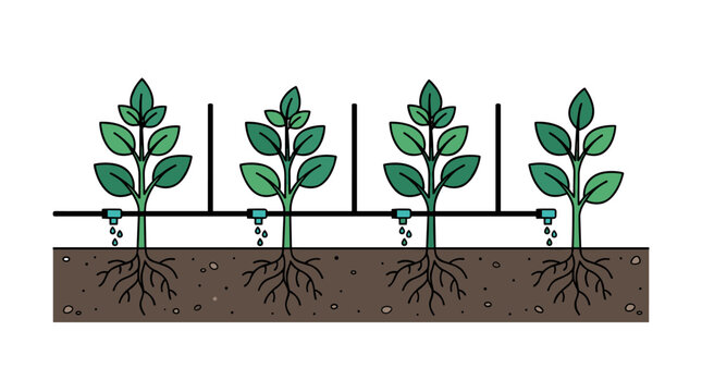 A simple illustration of a drip irrigation system watering four green plants rooted in dark soil