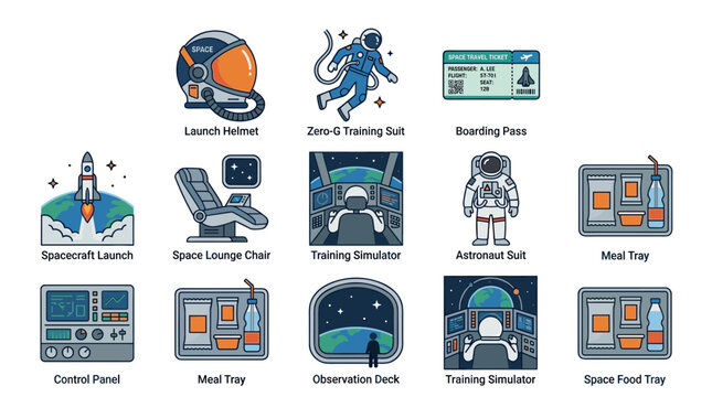 A set of flat vector icons illustrating various space travel equipment, training, and food service