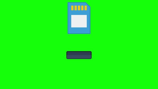 Blue SD memory card animation icon with yellow pins and white label on chroma key green background including interactive interface touchpoints for motion graphics.