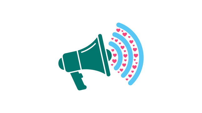 A teal megaphone broadcasting blue sound waves emitting many small pink hearts against white background
