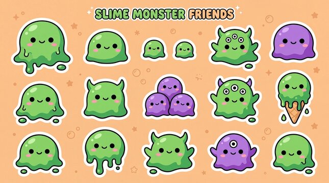 Slime monster friends collection presents green and purple blob creatures with horns and multiple eyes for fun game asset illustrations.