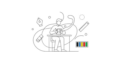 Naklejka premium Creative designer sketch concept illustrating a male artist sitting at a desk and creating digital illustrations with various design tools.