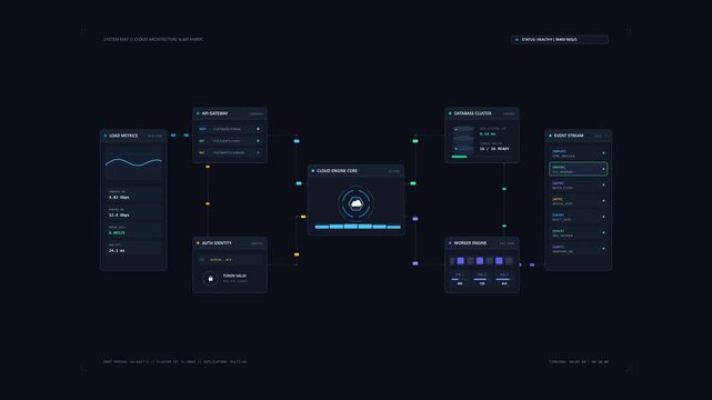 Version control network workflow dashboard displaying data analytics and software branching graphics