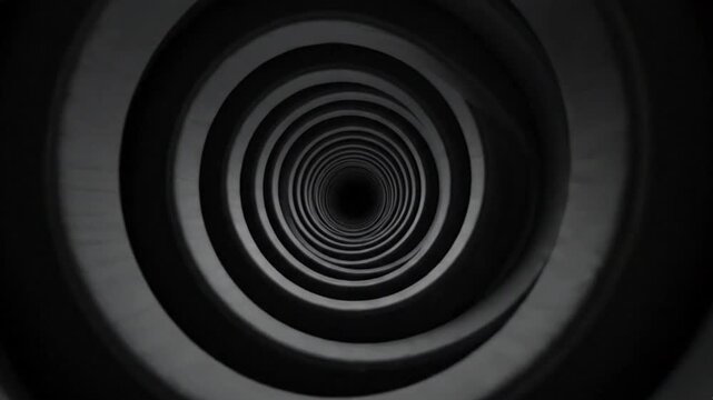 Infinite tunnel motion featuring deep dark concentric black rings creating a seamless visual travel experience through a geometric digital animation