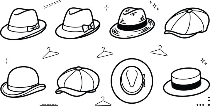 Classic men hat collection line art vector illustration set with fedora panama bowler and newsboy cap styles