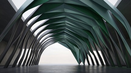 Fototapeta premium Low angle view of a modern architectural structure with repeating arched steel beams and bright white light