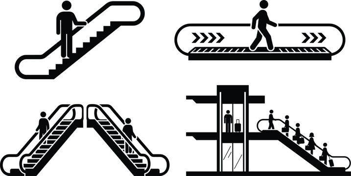Escalator elevator and moving walkway silhouette vector icon collection for airport transit station public sign designs
