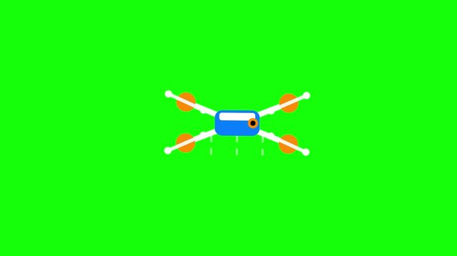 2D flat animation icon of a blue and orange quadcopter drone with a camera lens isolated on a bright green screen background for video editing and motion graphics.