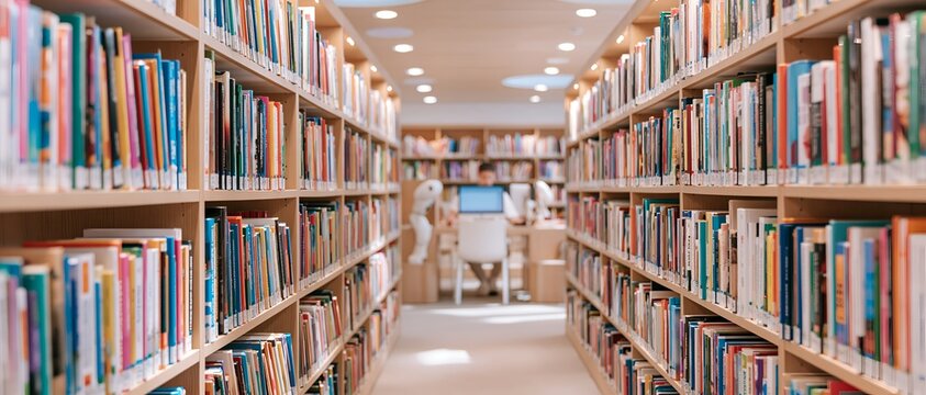Empty library corridor with rows of books