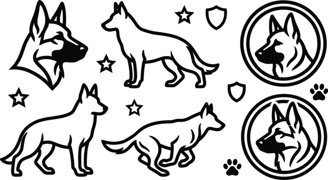 German shepherd dog vector line art illustration set with k9 police badges stars shields and paw prints