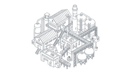 Fototapeta premium Isometric factory complex with multiple buildings and industrial structures.