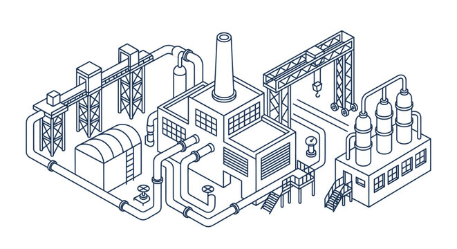 Isometric factory with industrial buildings and production lines.