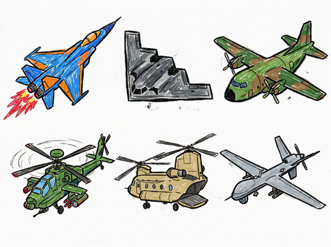 Hand drawn military aircraft set with fighter jet stealth bomber cargo plane helicopters and drone.
