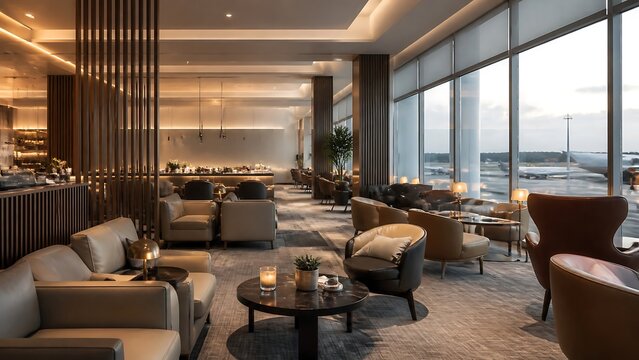 Luxury airport lounge interior with comfortable modern armchairs and large panoramic windows at sunset