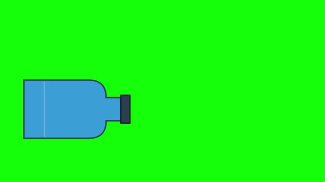 Blue liquid bottle animation icon for medical or game design applications, featuring a glass vial with a black cap and reflection on a green screen background for compositing.