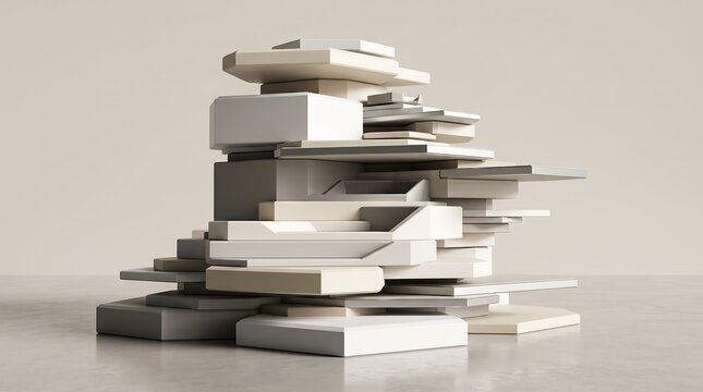 A tall precarious stack of white rectangular cardboard boxes piled up on a plain light grey studio background