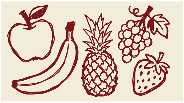Hand drawn doodle illustration of various fresh fruits including apple banana pineapple grapes and strawberry with food set pineapple strawberry nutrition agriculture tropical beverage
