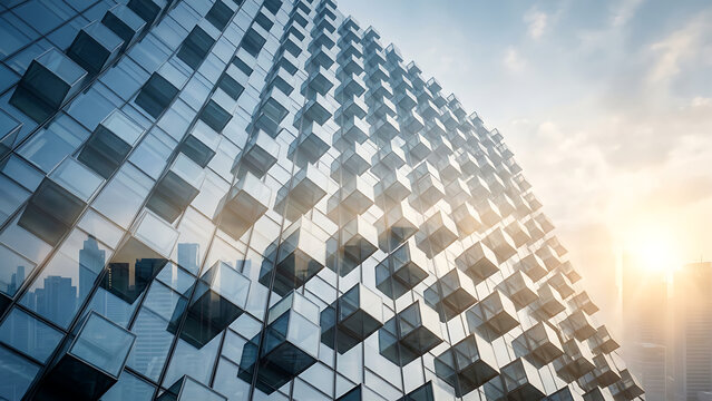 modern glass skyscraper facade with geometric cube architecture elements and cityscape reflection at sunset with soft blue sky