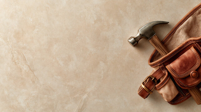 Steel hammer placed inside a weathered leather tool belt resting on a textured light beige stone surface with ample copy space for custom creative branding