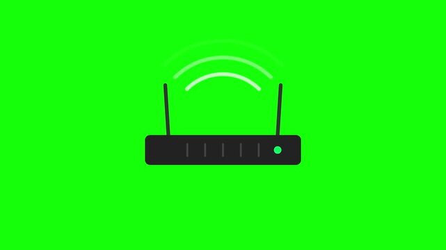 Wireless router animation icon on green screen background showing Wi-Fi signal waves emitting from a black modem with dual antennas and a power indicator light for networking