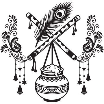 Krishna Flute and Peacock Feather with Decorative Pot, Dahi Handi and Paisley Ornaments