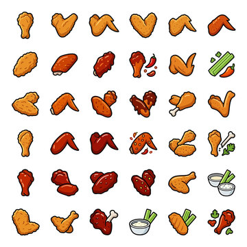 Fried chicken wing and drumstick icons set
