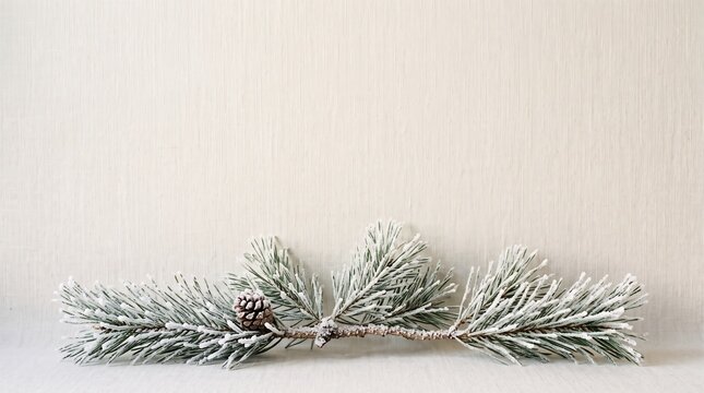 Snowy pine branch with small pinecone on a light textured background