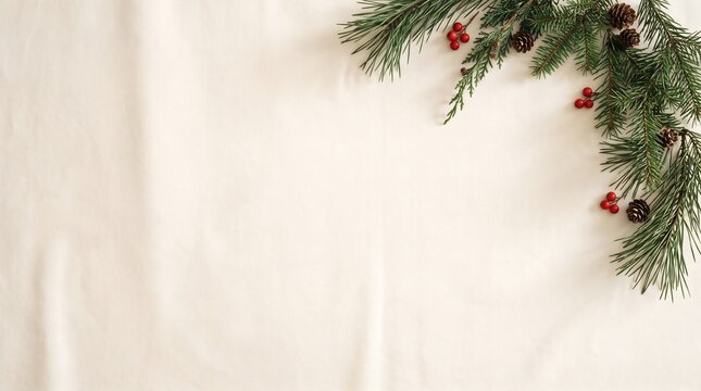 Flat lay of pine branches with red berries on white fabric background