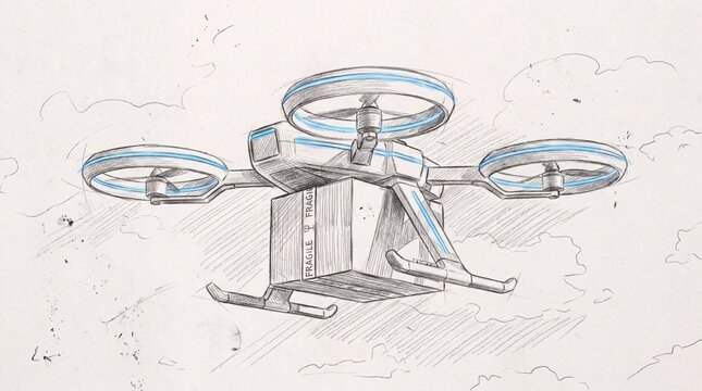 A detailed pencil sketch of a quadcopter drone flying through the sky carrying a parcel with graphite drawing delivery drone flight carrying cardboard box fragile labels transportation illustration