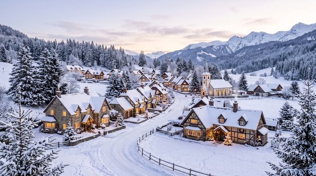 Winter alpine village with half timbered houses and snow covered mountains