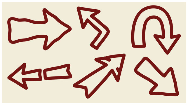 Collection of various hand drawn directional arrows in maroon ink style with arrow icons doodle arrows pointer symbols sketchy arrows maroon line graphic design elements navigation arr