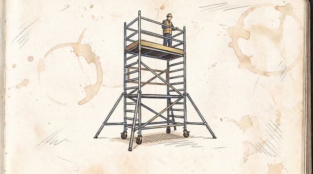 A detailed hand drawn sketch of a worker standing on a tall mobile scaffolding tower with worker safety gear stands metal rolling scaffold tower drawn aged paper coffee stains infrastructure drawing