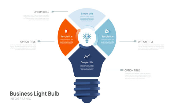 Light Bulb Infographic Diagram Template with 4 Part Circular Process for Business, Innovation, and Strategy Presentation with Icon Elements, Vector Illustration
