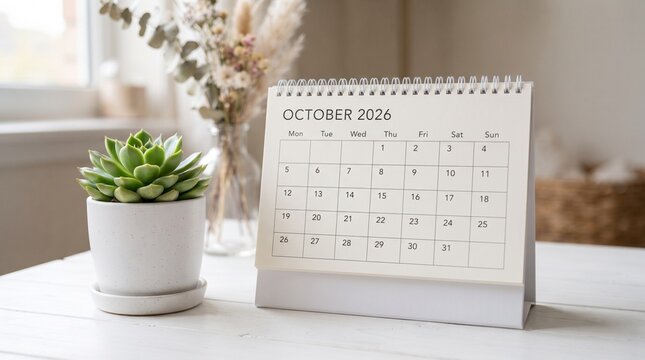 October 2026 desk calendar with a potted succulent plant on a white wooden table with small green succulent date