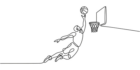 Continuous line drawing of basketball player jumping to score slam dunk into hoop vector illustration © Creative Tania