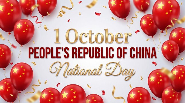 A festive background for national day china featuring bright red balloons and colorful confetti surrounding the text celebrating the first of october holiday