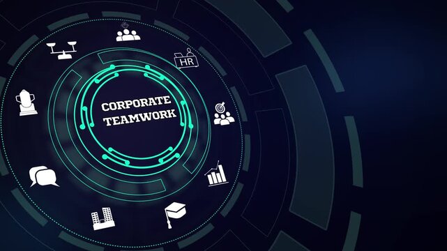 Empowering modern office staff synergies using a futuristic corporate teamwork HUD dashboard presentation display