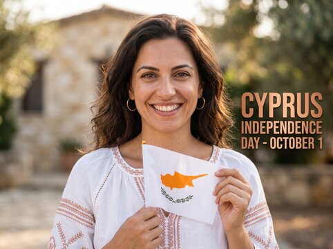 Smiling woman with long brown hair wearing a white embroidered blouse holding a small flag of cyprus in front of a blurred stone house background with cyprus independence day text overlay