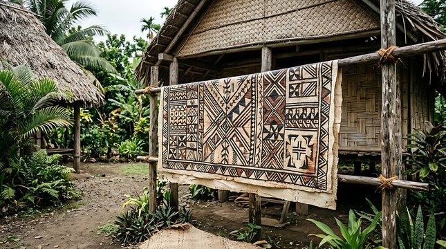 Traditional tapa cloth hanging outside a thatched village hut