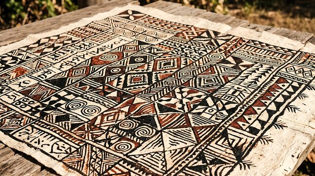 Traditional geometric pattern on hand painted bark cloth