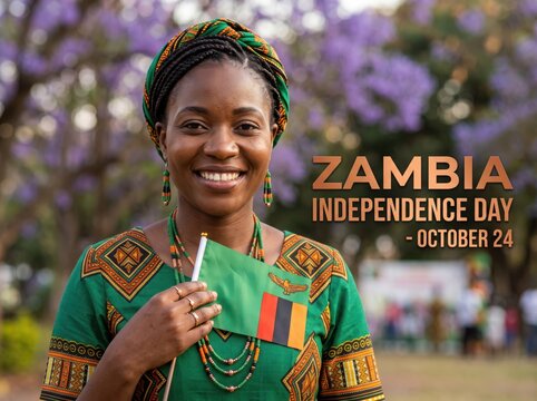 Smiling zambian woman wearing traditional green patterned clothing and headwrap holding a small national flag outdoors with purple jacaranda trees in the background during independence day