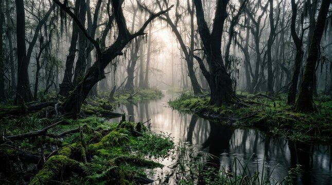Atmospheric Foggy Swamp Scene with Moss-Covered Trees and Still Water in Deep Forest