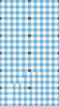 Seamless pattern featuring small brown pretzel icons arranged on a classic light blue and white checkered gingham background for festive culinary design and kitchen textile projects